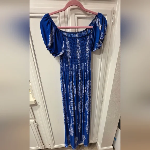 Women's Bohemian Blue and White Smocked Summer Maxi Dress - Picture 2 of 4